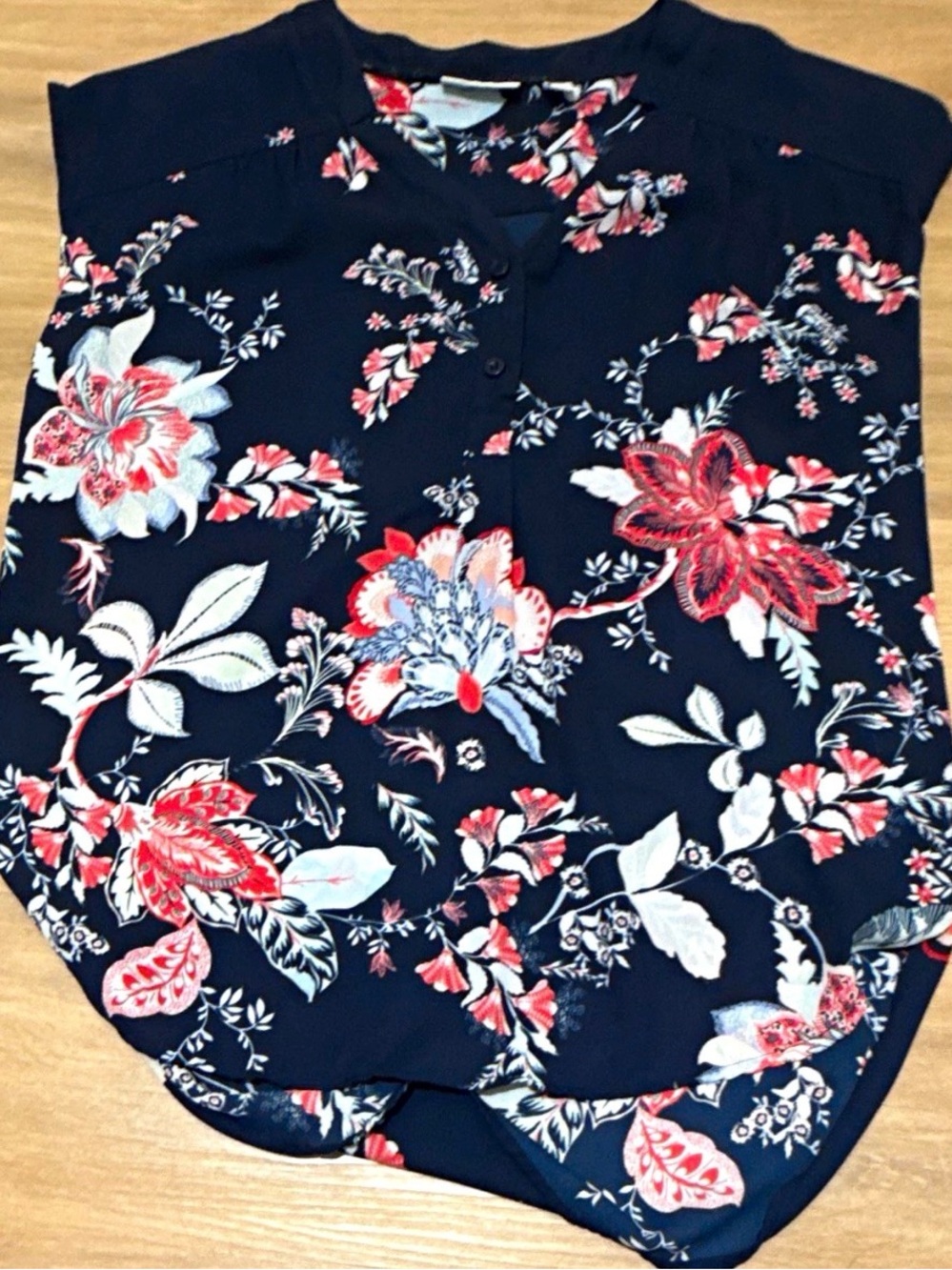 Womens Navy Floral V-Neck Blouse - Navy with Red & White Floral